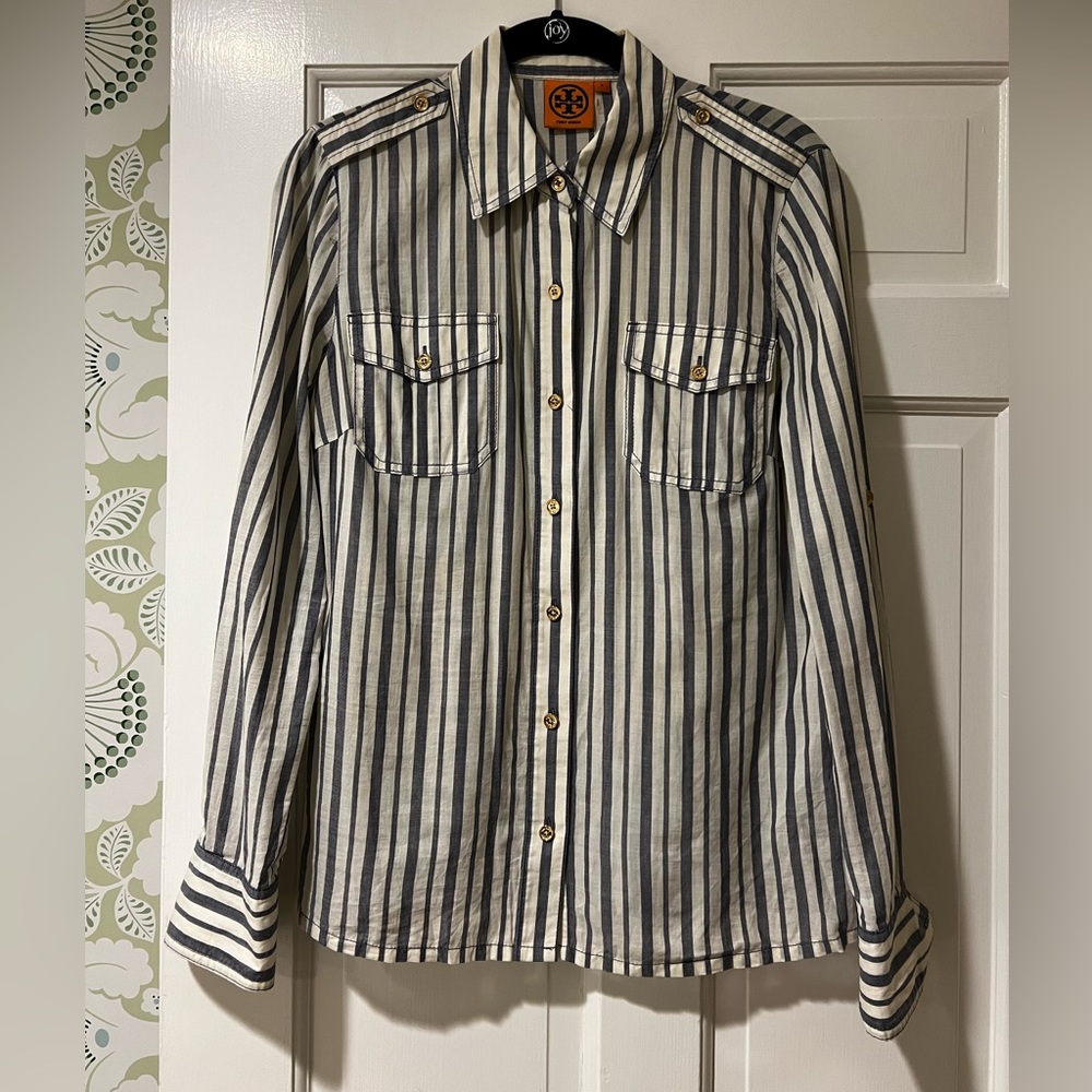 Tory Burch Blue/ White Stripe Button Down w/ Gold Buttons $60